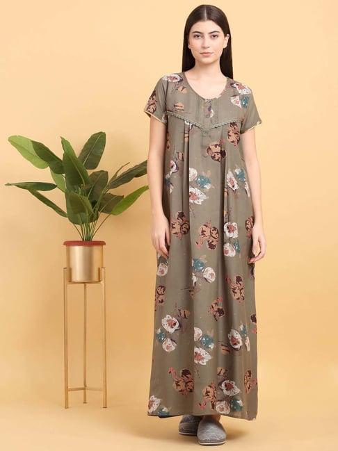 sweet dreams olive green floral print night dress