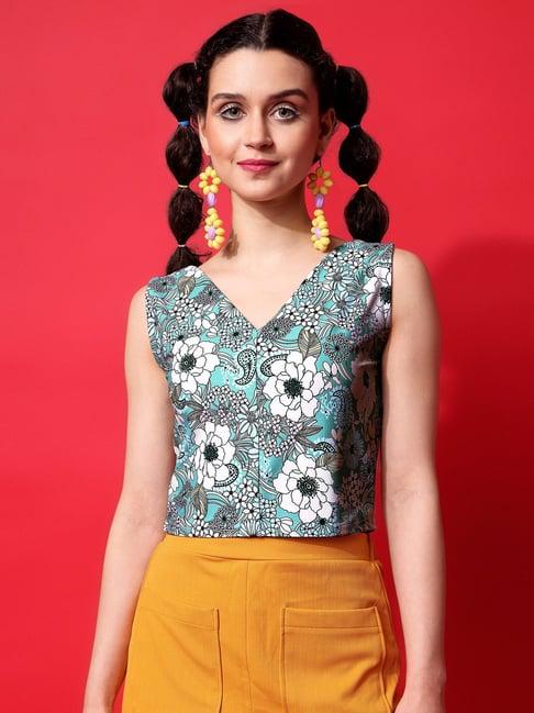 purvaja green floral print crop top