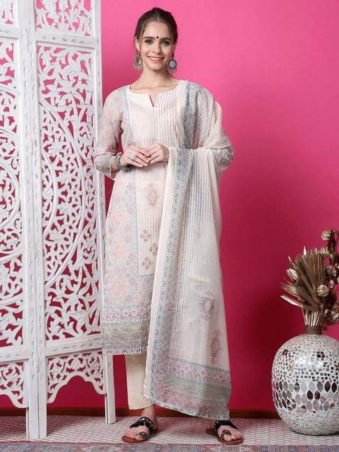 stylee lifestyle beige cotton printed unstitched dress material