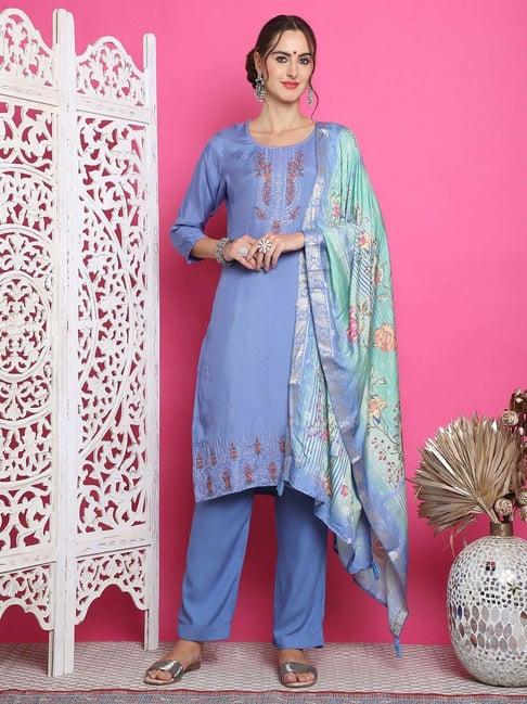 stylee lifestyle blue embroidered unstitched dress material