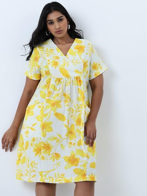 gia by westside yellow floral printed straight cotton blend dress