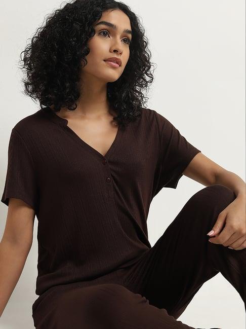 wunderlove by westside dark brown ribbed textured henley top