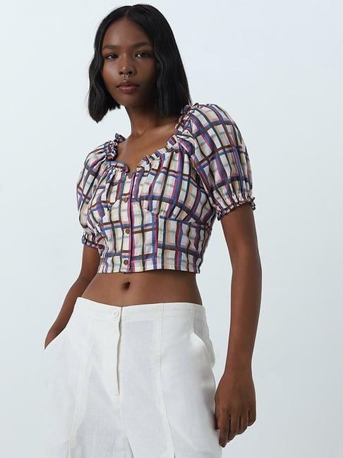 bombay paisley by westside multicolour checks printed cotton crop top