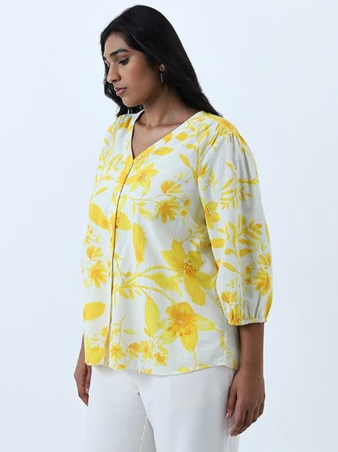 gia by westside yellow floral printed cotton blend blouse