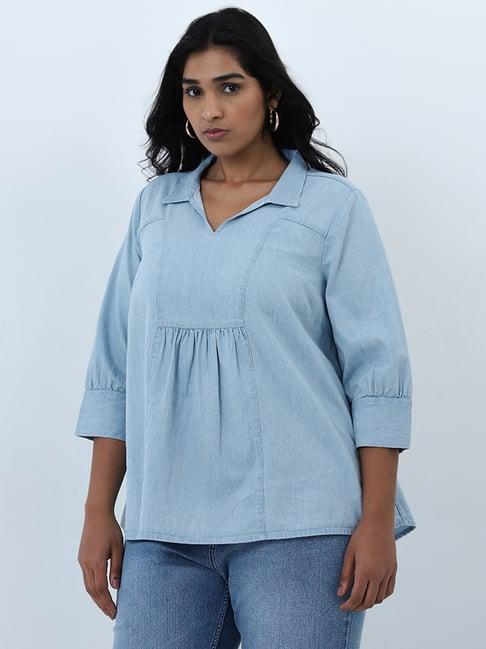 gia by westside light blue denim top