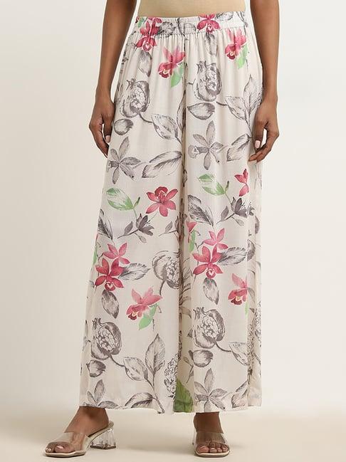 zuba by westside off-white floral design high-rise palazzos