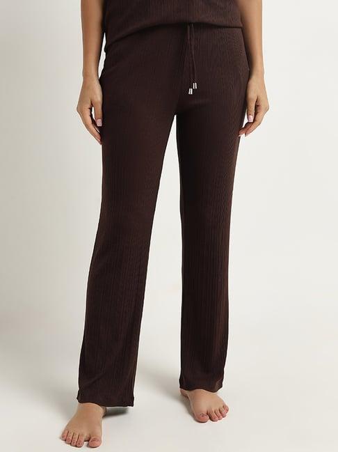 wunderlove by westside dark brown ribbed textured high-rise pants