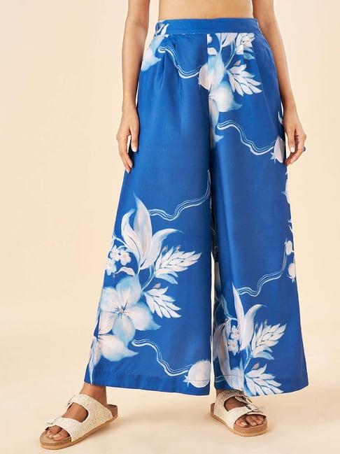 akkriti by pantaloons blue linen printed flared pants