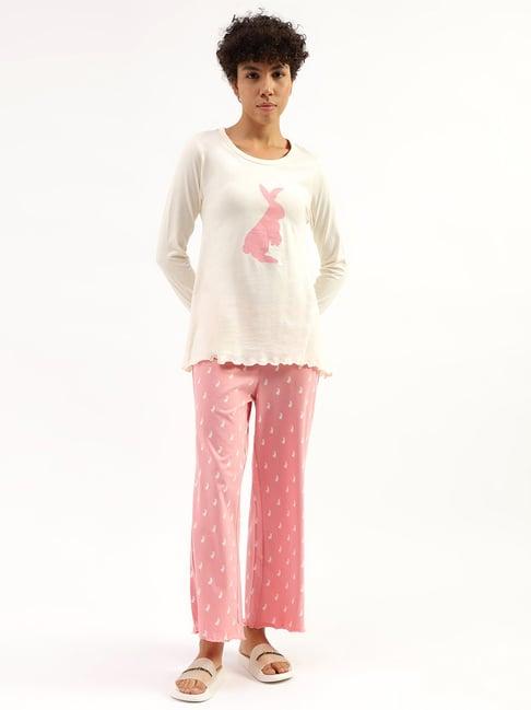 united colors of benetton white & pink printed t-shirt with pyjamas