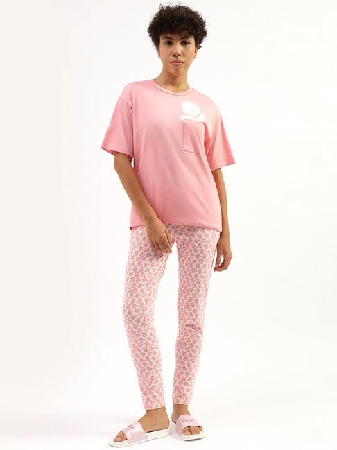 united colors of benetton pink printed t-shirt with pyjamas