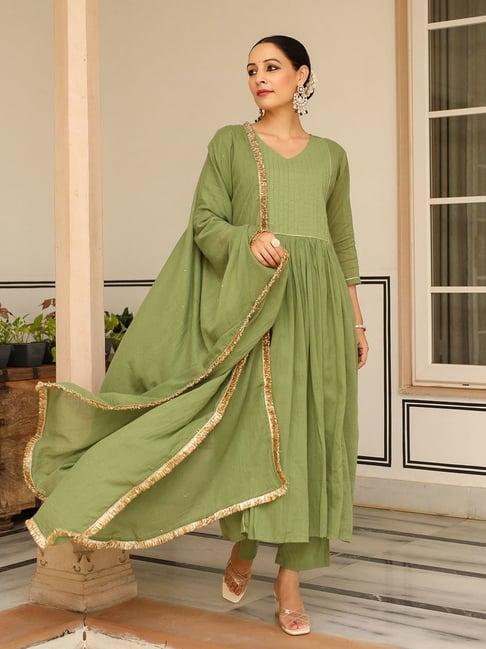 pheeta light green cotton kurta with pant & dupatta