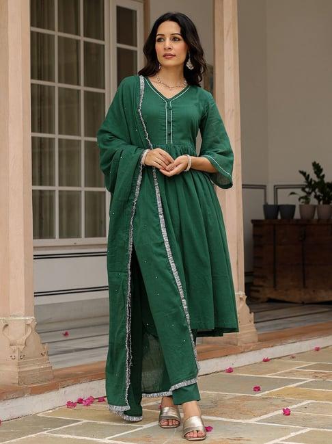 pheeta bottle green cotton kurta with pant & dupatta