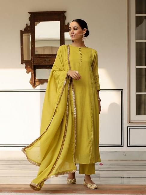 pheeta greenish yellow cotton kurta with pant & dupatta