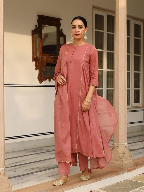 pheeta dusty red cotton kurta with pant & dupatta