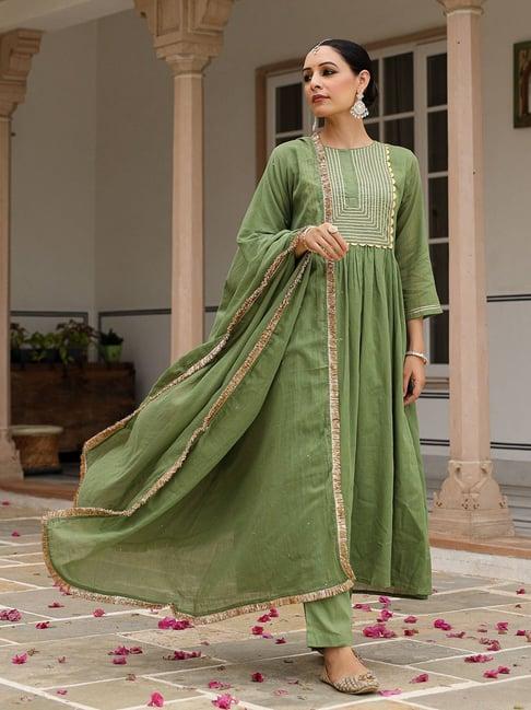 pheeta light green cotton kurta with pant & dupatta