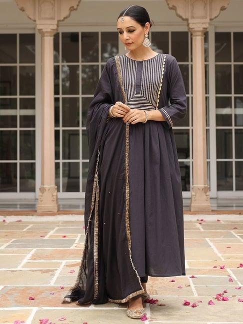 pheeta charcoal cotton kurta with pant & dupatta