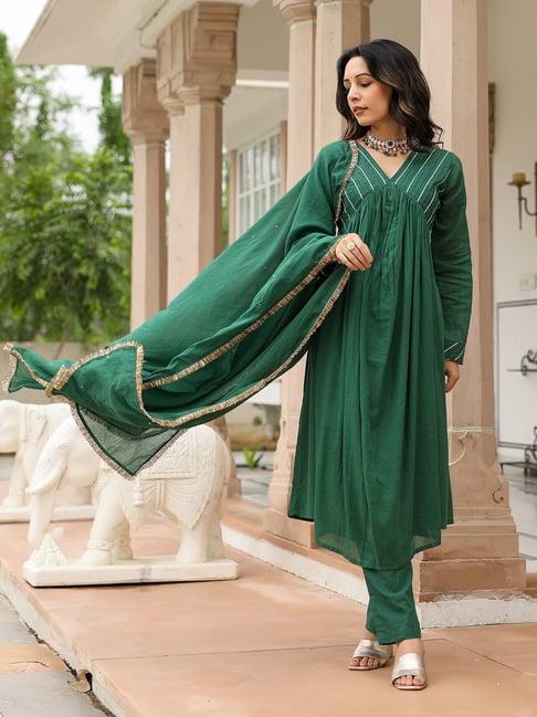 pheeta bottle green cotton kurta with pant & dupatta