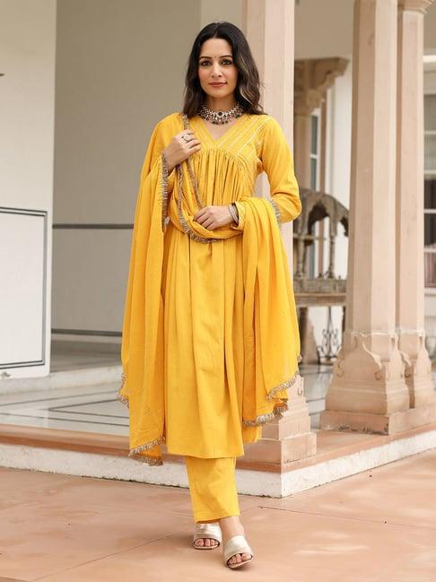 pheeta yellow cotton kurta with pant & dupatta