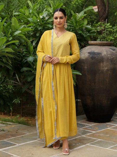 pheeta yellow cotton kurta with pant & dupatta