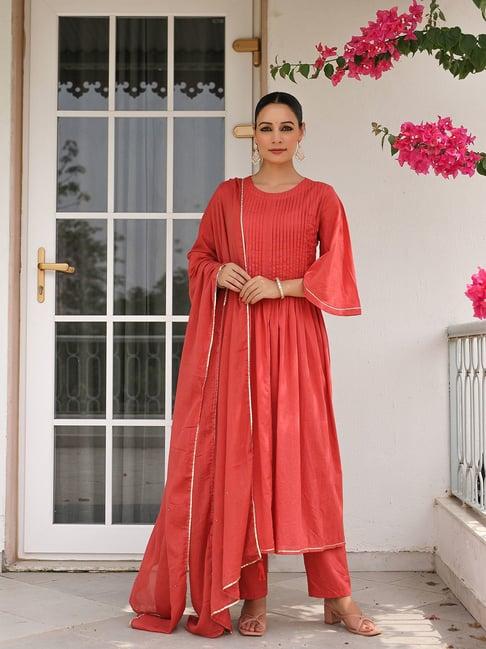 pheeta dusty red cotton kurta with pant & dupatta