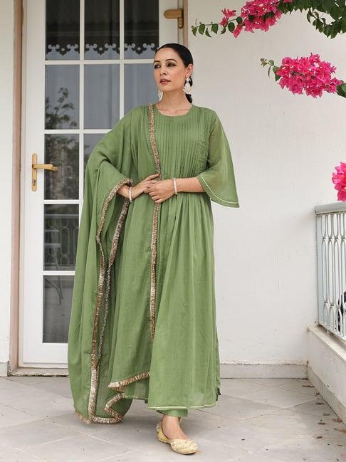 pheeta light green cotton kurta with pant & dupatta