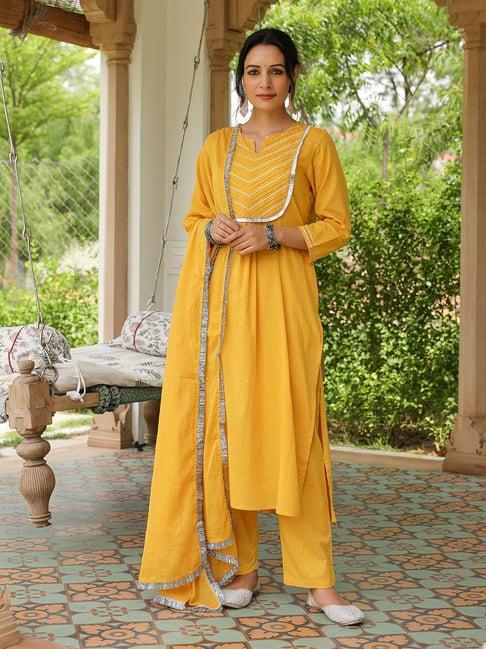 pheeta yellow cotton kurta with pant & dupatta