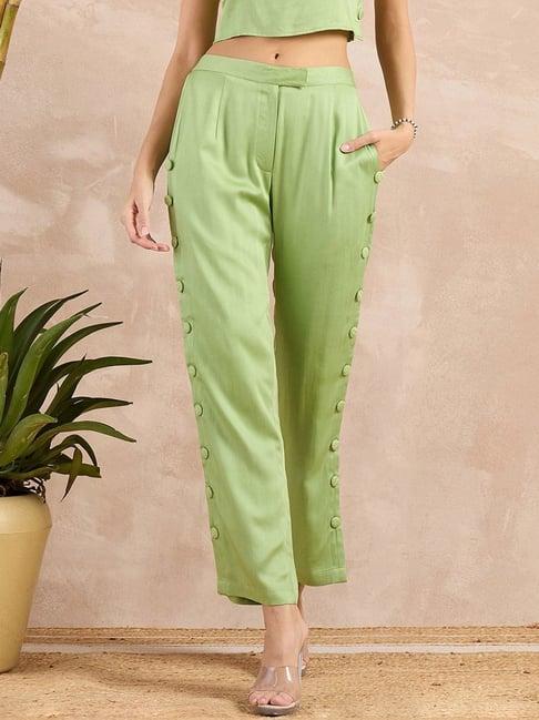 first resort by ramola bachchan pastel green eco-chic vogue button down straight pants