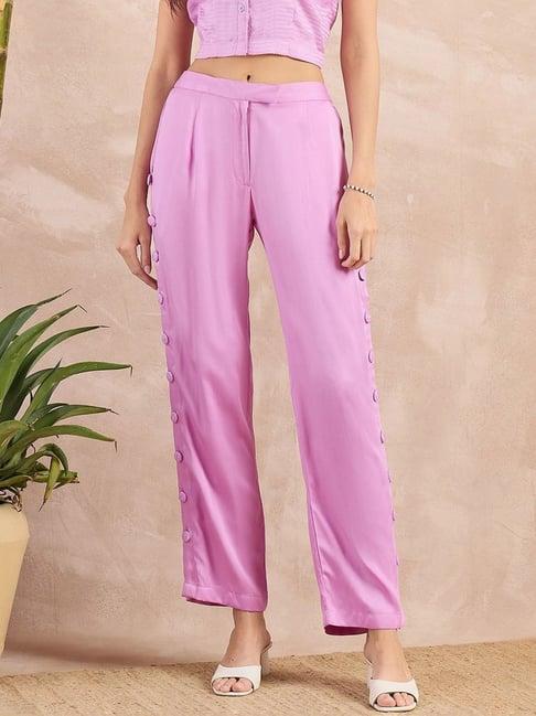 first resort by ramola bachchan purple button downeco-chic vogue straight pants