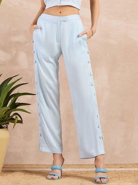 first resort by ramola bachchan sky blue eco-chic vogue button down straight pants