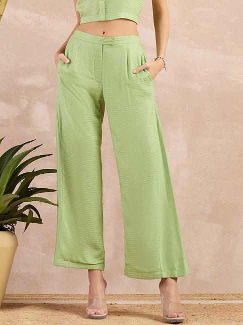 first resort by ramola bachchan pastel green eco-chic vogue flared trouser