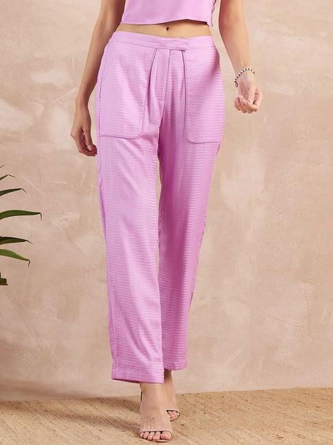 first resort by ramola bachchan purple button eco-chic vogue herringbone straight trouser