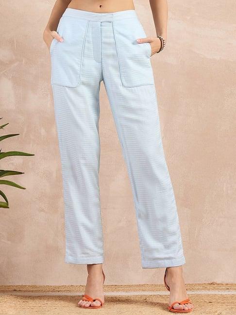 first resort by ramola bachchan sky blue eco-chic vogue herringbone straight trouser