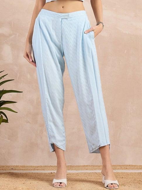 first resort by ramola bachchan sky blue eco-chic vogue herringbone narrow trouser