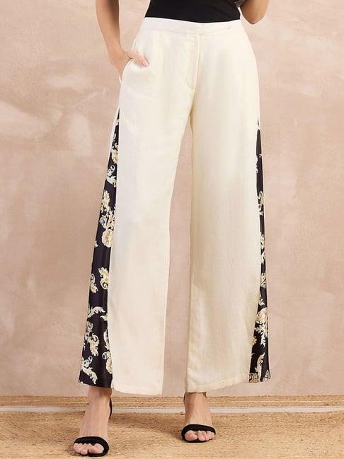 first resort by ramola bachchan off-white and black smart casual baroque printed linen flared pant