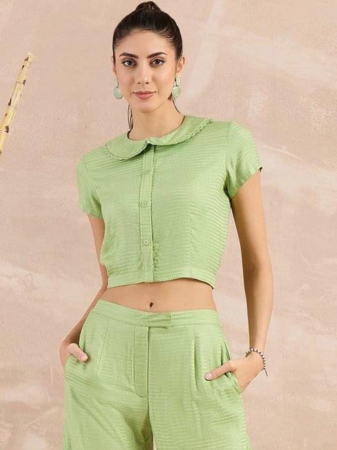 first resort by ramola bachchan pastel green eco-chic vogue herringbone crop shirt