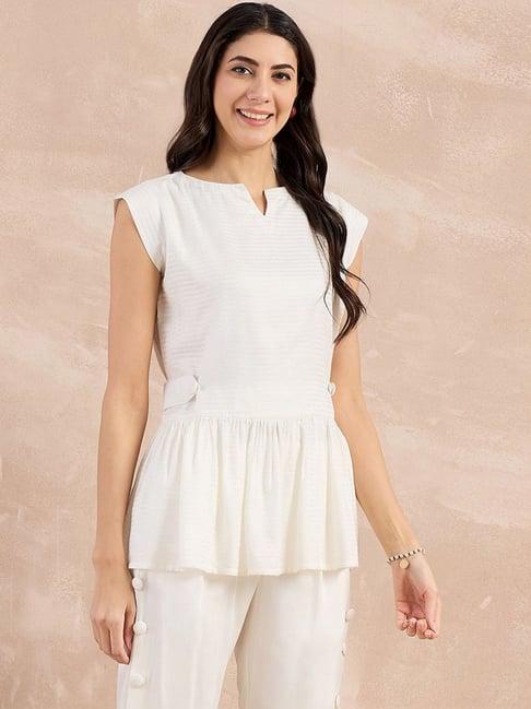 first resort by ramola bachchan off-white eco-chic vogue herringbone peplum top