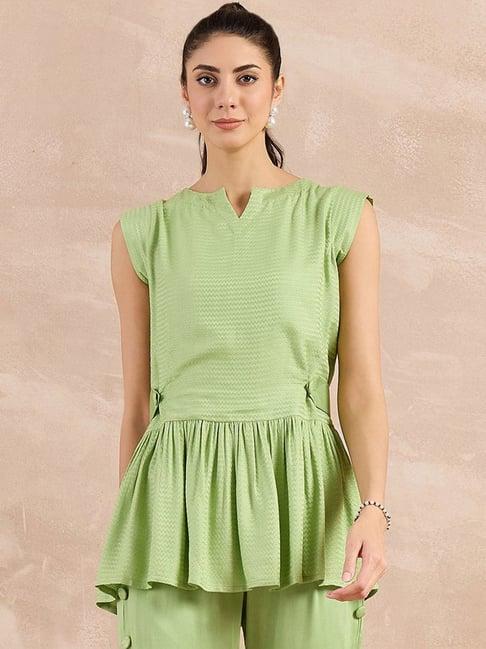 first resort by ramola bachchan pastel green eco-chic vogue herringbone peplum top