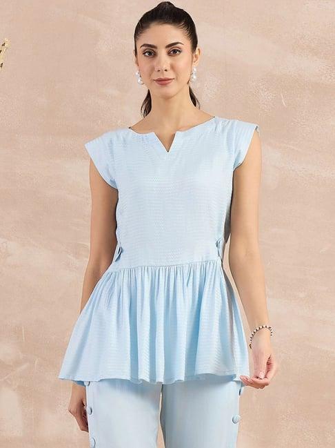 first resort by ramola bachchan sky blue eco-chic vogue herringbone peplum top