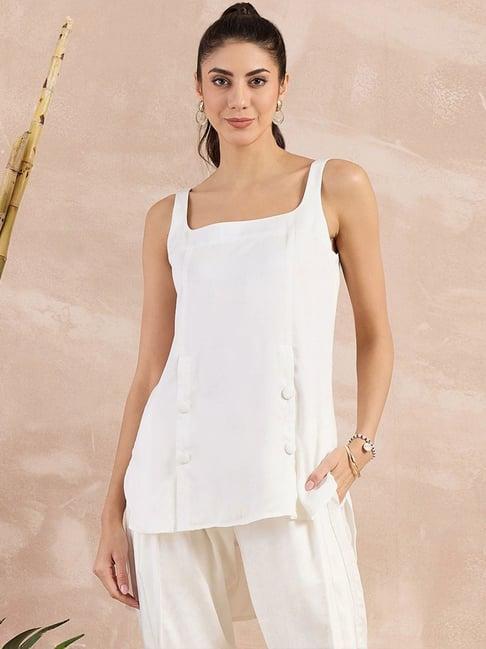 first resort by ramola bachchan off-white eco-chic vogue high-low sleeveless top