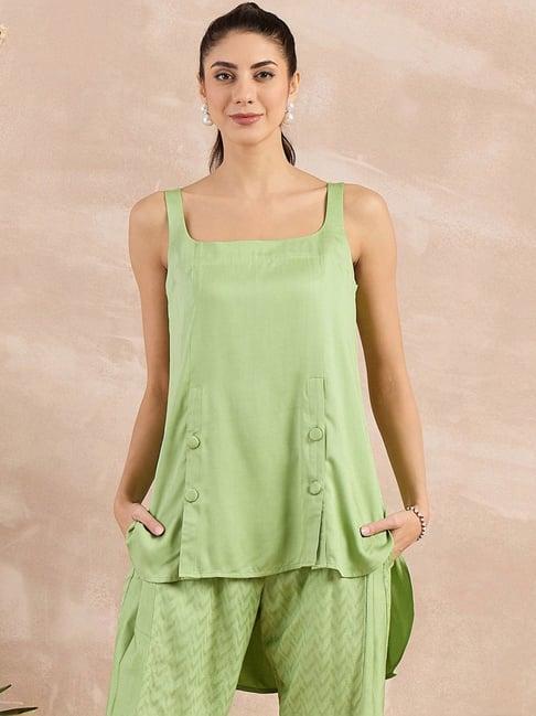 first resort by ramola bachchan pastel green eco-chic vogue high-low sleeveless top