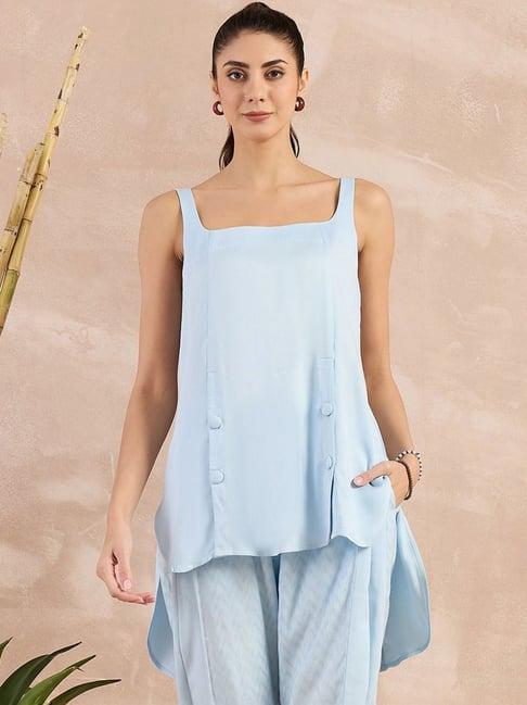 first resort by ramola bachchan sky blue eco-chic vogue high-low sleeveless top