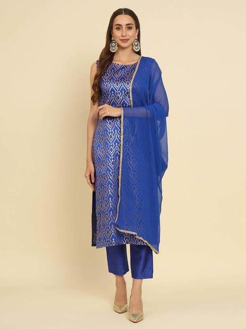 vredevogel royal blue woven pattern kurta pant set with dupatta