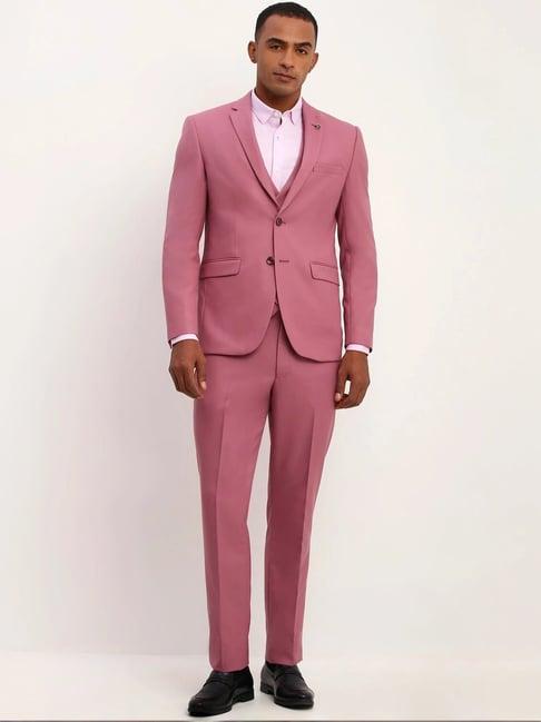 allen solly pink slim fit self pattern three piece suit