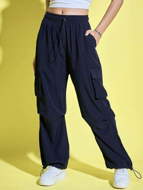 buynewtrend navy high rise cargo pants