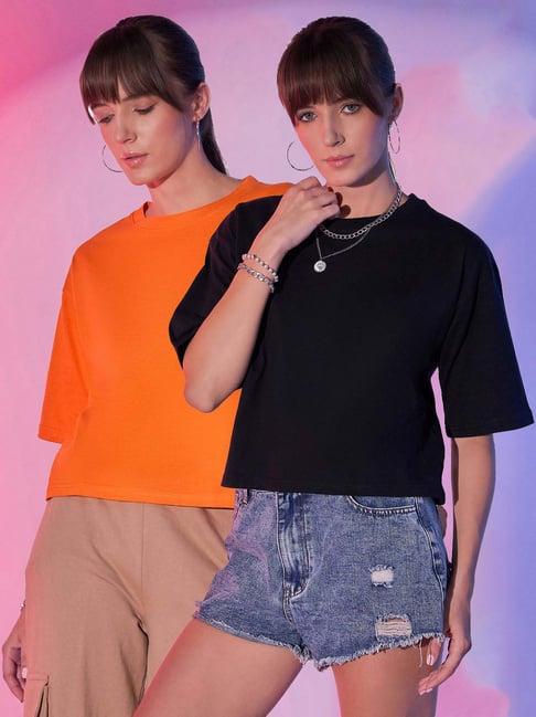 buynewtrend orange & black cotton cropped t-shirt - pack of 2