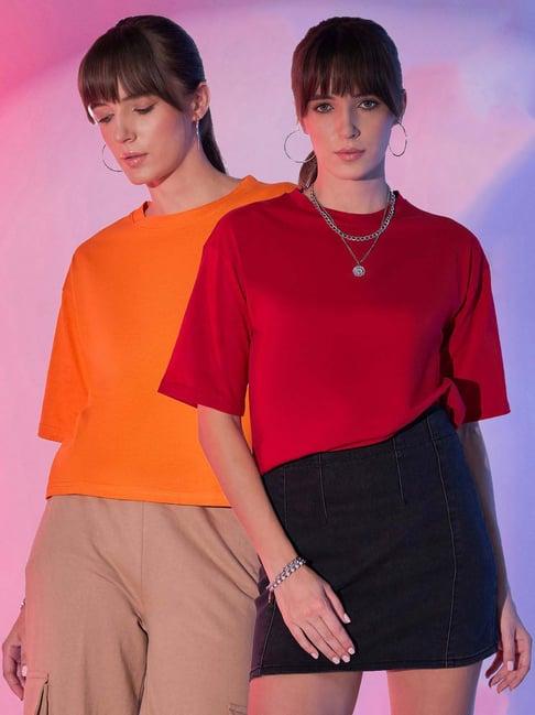 buynewtrend orange & red cotton cropped t-shirt - pack of 2