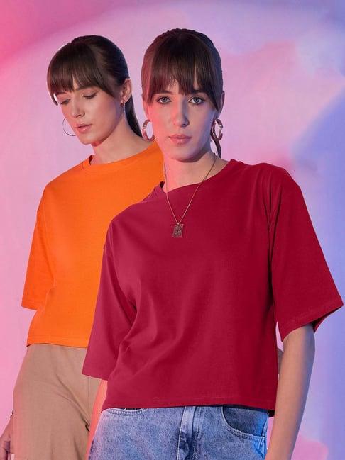 buynewtrend orange & red cotton cropped t-shirt - pack of 2