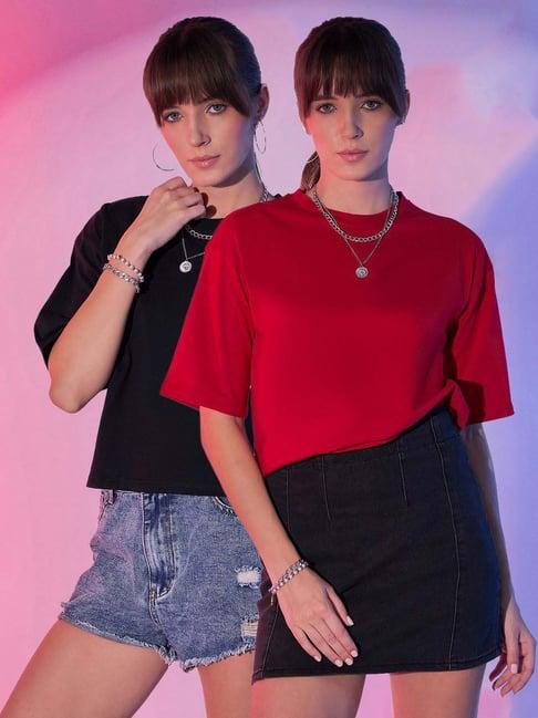 buynewtrend black & red cotton cropped t-shirt - pack of 2