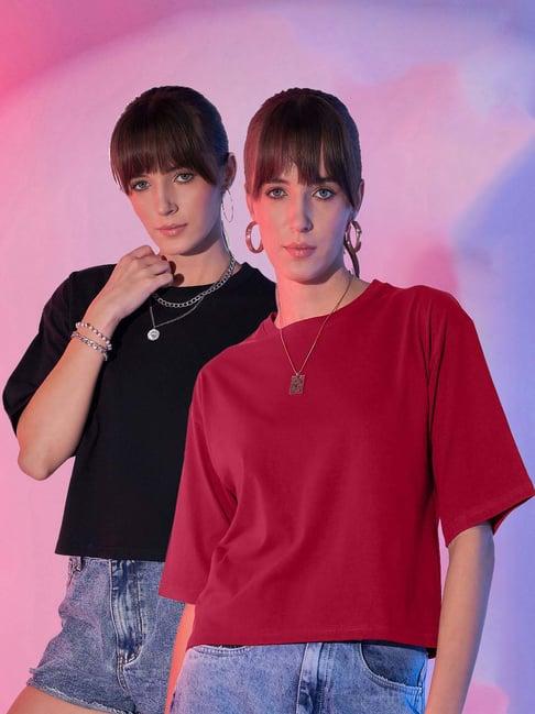 buynewtrend black & maroon cotton cropped t-shirt - pack of 2