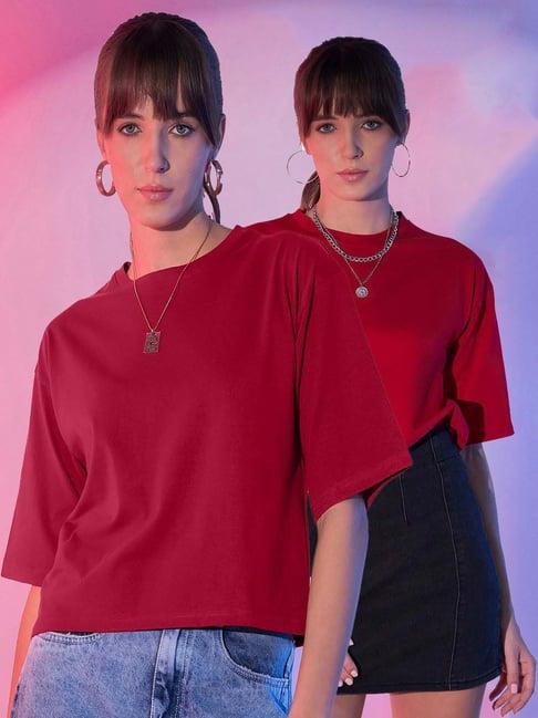 buynewtrend red & maroon cotton cropped t-shirt - pack of 2